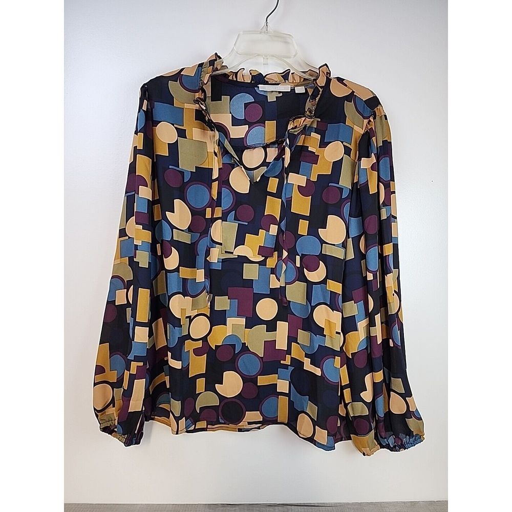 Sunny Leigh Tunic Blouse Women's Extra Large Ruffled Collar‎ Abstract Semi Sheer